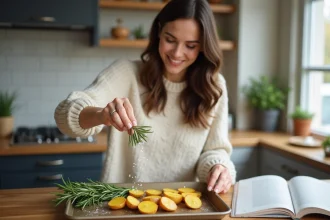Femme saupoudrant romarin et sel sur pommes de terre