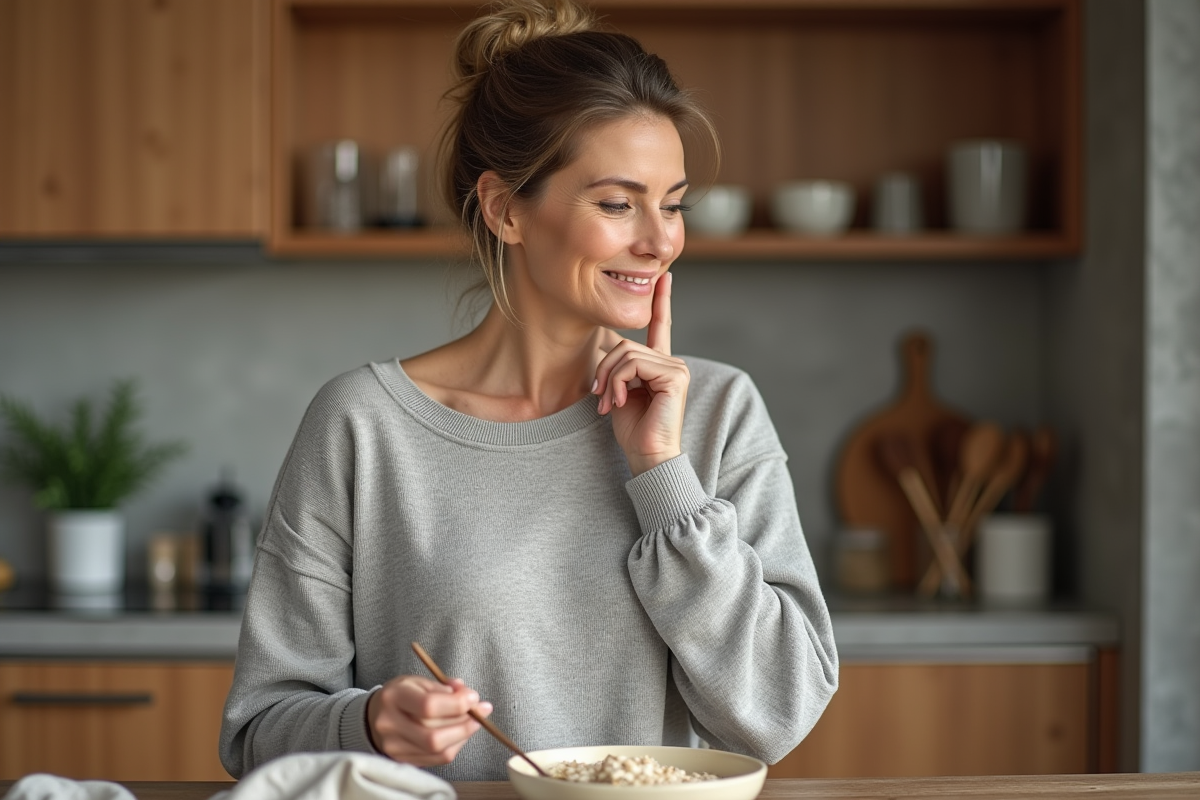 Femme préparant un bol de porridge dans une cuisine chaleureuse
