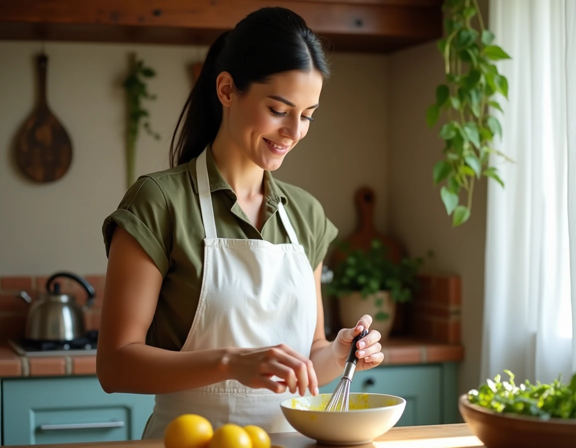 Femme préparant une vinaigrette au citron et huile d'olive dans une cuisine méditerranéenne avec carrelage en terre cuite et herbes séchées suspendues