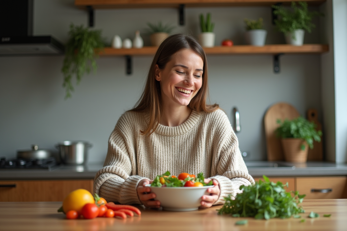 Femme souriante préparant une salade colorée dans la cuisine
