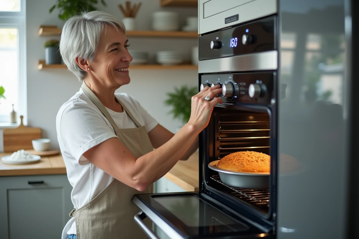 Femme vérifiant le thermostat de son four réglé à 180 degrés pour cuire un gâteau moelleux