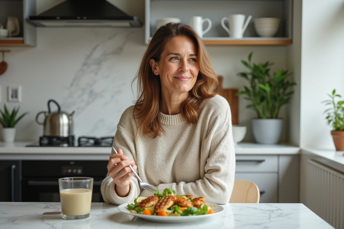 Femme souriante avec salade et poulet dans la cuisine