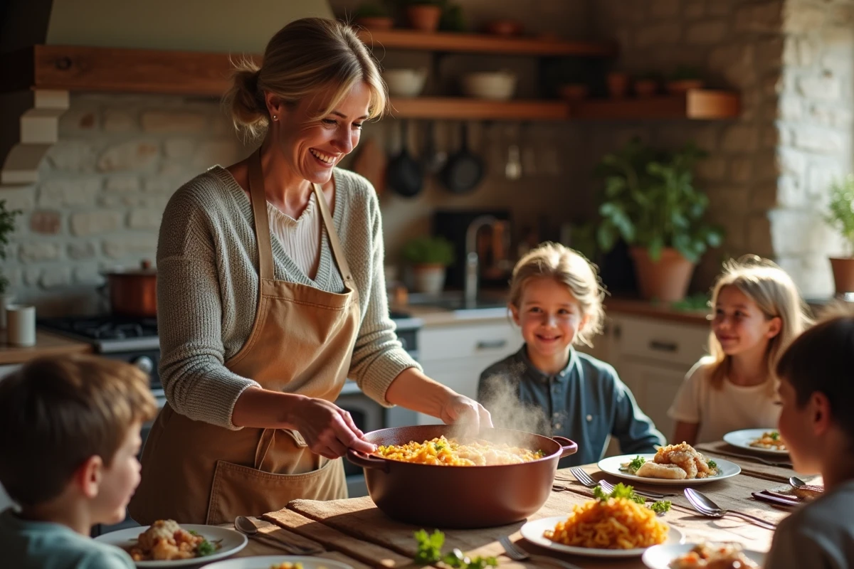 Femme servant une potée dans une cuisine chaleureuse