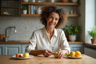 Femme souriante coupant une pomme dans la cuisine lumineuse
