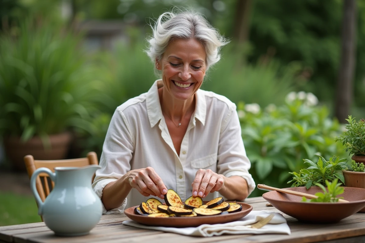 Femme souriante préparant des tranches d'aubergine grillée sur une table