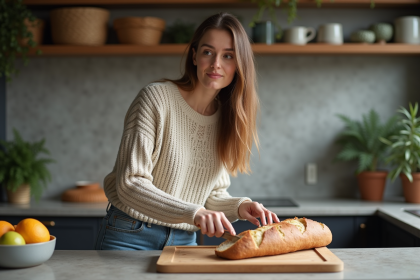 Femme tranche un pain keto rustique dans la cuisine moderne