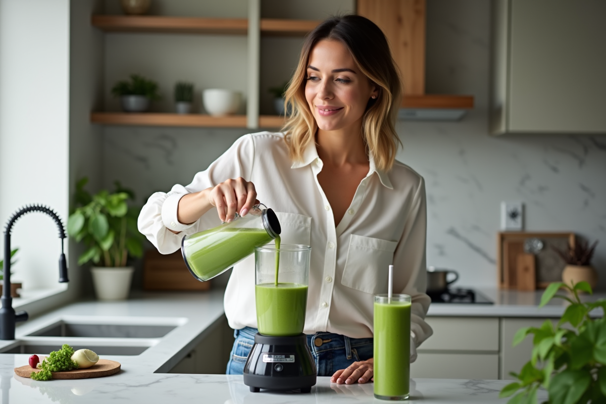 Femme versant un smoothie vert dans un verre en cuisine moderne