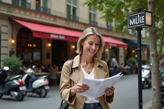 Femme souriante vérifiant une carte en ville près du restaurant Mille
