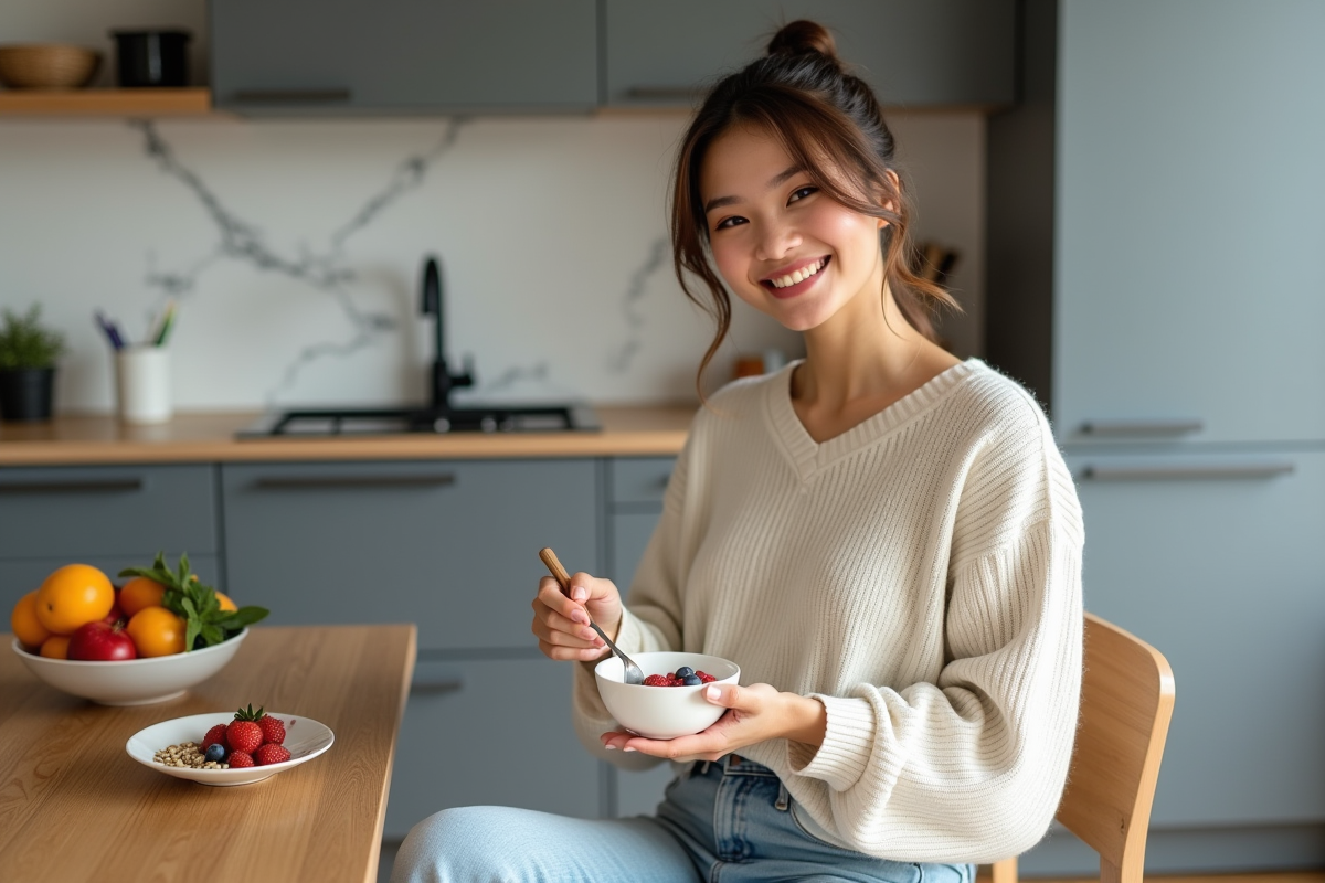 Jeune femme préparant un bol de yaourt aux fruits