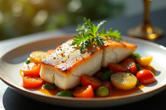 Filet de poisson cuit avec légumes de saison colorés
