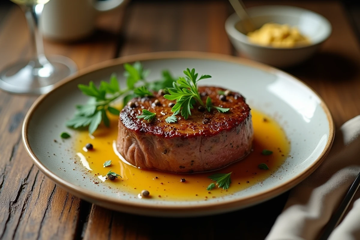 Filet mignon nappé de sauce moutarde à l'ancienne, vin blanc et estragon frais sur une assiette en céramique