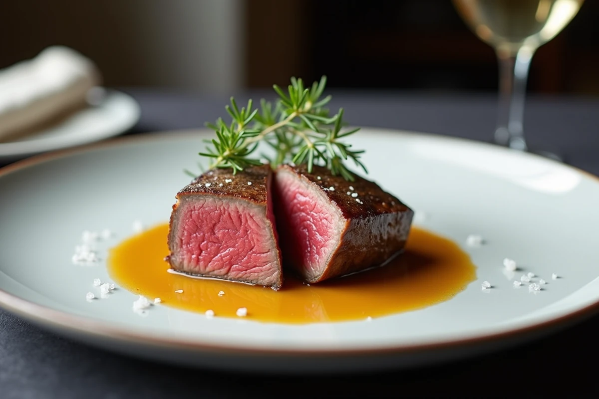 Tranches de filet mignon rosé en sauce moutarde à l'ancienne et estragon sur assiette blanche de restaurant