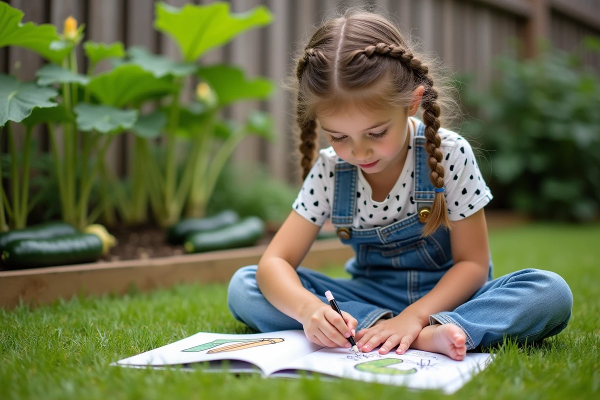 Fille dessinant une Z et un zucchini dans un jardin