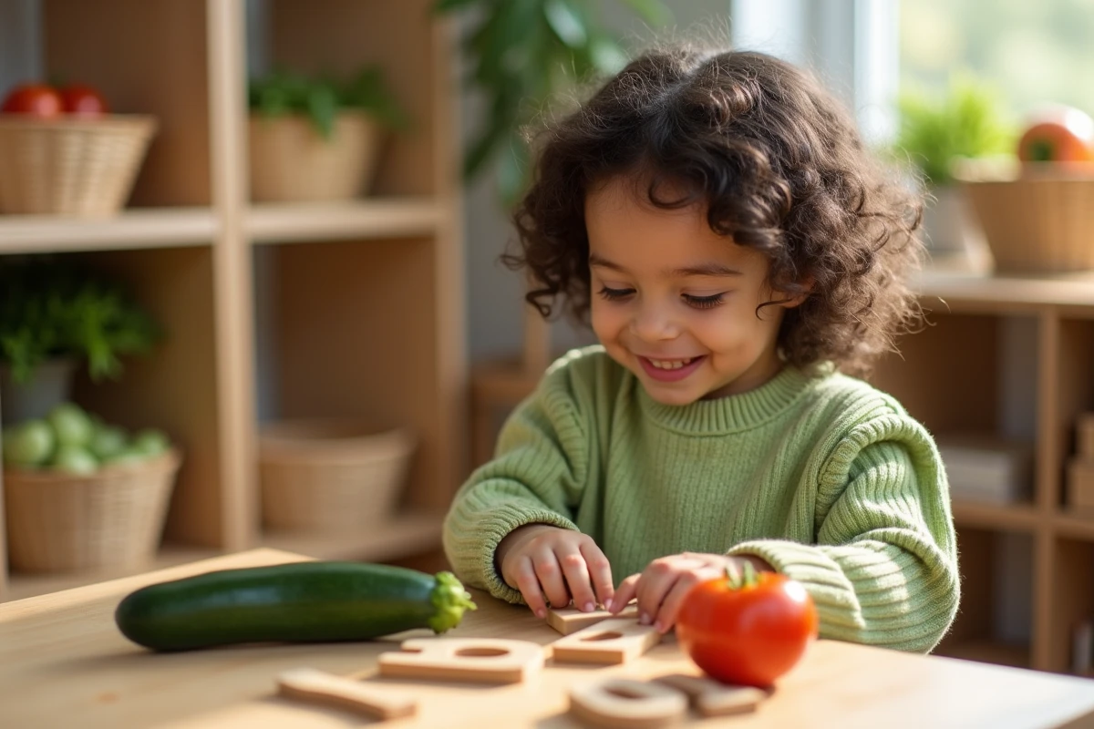 Jeune fille souriante arrangeant des lettres en bois avec des légumes