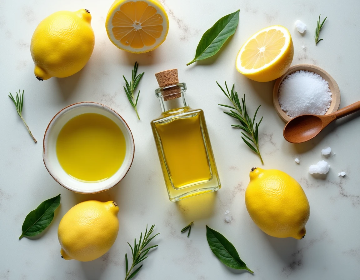 Vue aérienne d'un arrangement de citrons frais, huile d'olive artisanale, romarin et sel marin sur une surface en pierre naturelle