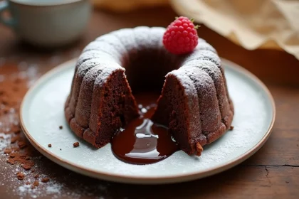 Fondant au chocolat cœur coulant sur assiette blanche avec framboise et sucre glace