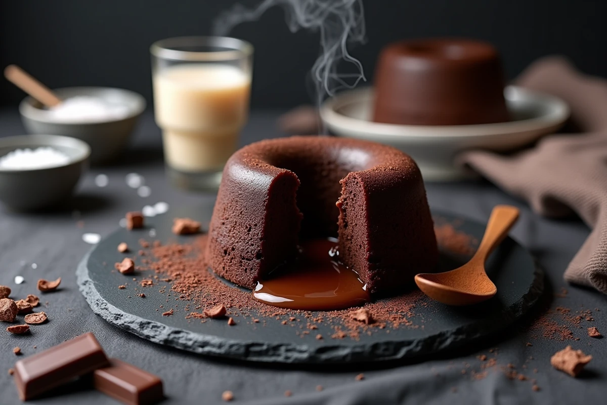 Fondant au chocolat démoulé sur ardoise avec sauce vanille et copeaux de chocolat