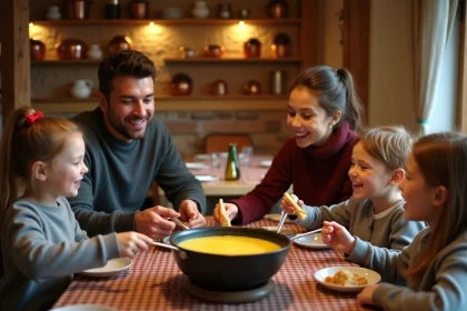 Famille savourant une fondue savoyarde dans un restaurant traditionnel d'Annecy avec des enfants souriants