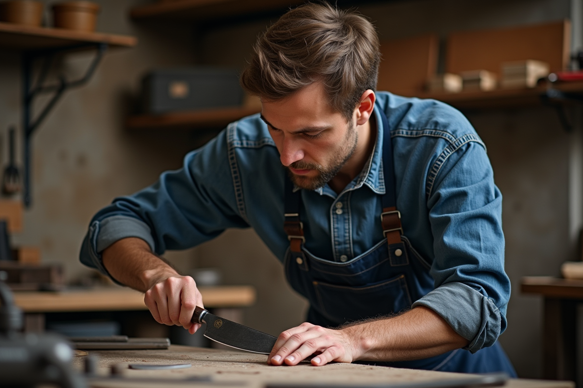 Jeune forgeron allemand examinant un couteau de cuisine sur son établi