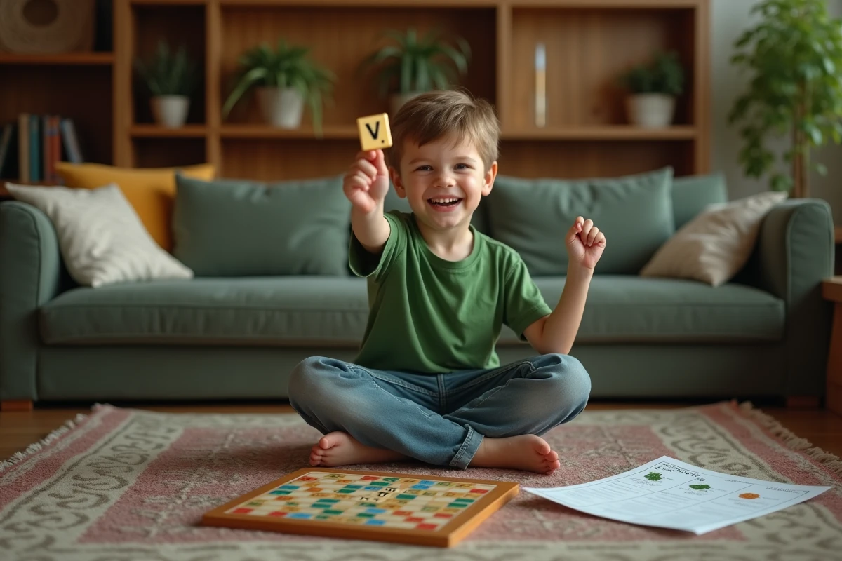 Garçon souriant jouant avec Scrabble et Vetch