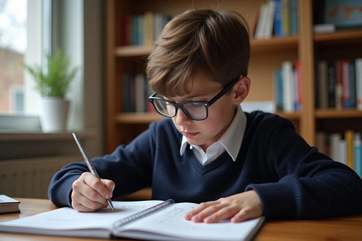 Garçon de 12 ans en train d'écrire ses devoirs de maths à la maison