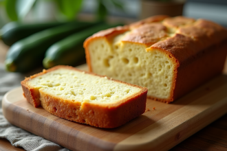 Gâteau de courgette et chèvre tranché sur planche en bois