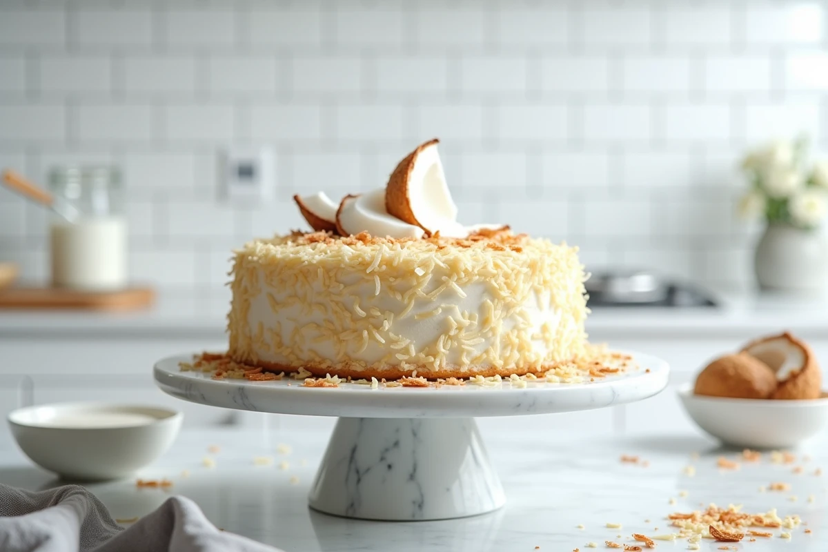 Gâteau entier à la noix de coco sans beurre sur un présentoir en marbre dans une cuisine minimaliste, décoré de copeaux de noix de coco grillée
