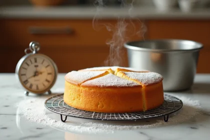 Gâteau moelleux doré refroidissant sur une grille avec un thermomètre de four vintage, illustrant la cuisson à 180 degrés