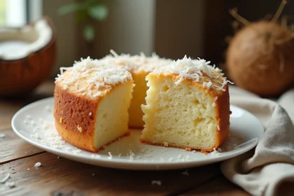 Gâteau à la noix de coco sans beurre coupé en tranche sur une table en bois rustique, avec une mie aérée et moelleuse garnie de noix de coco râpée