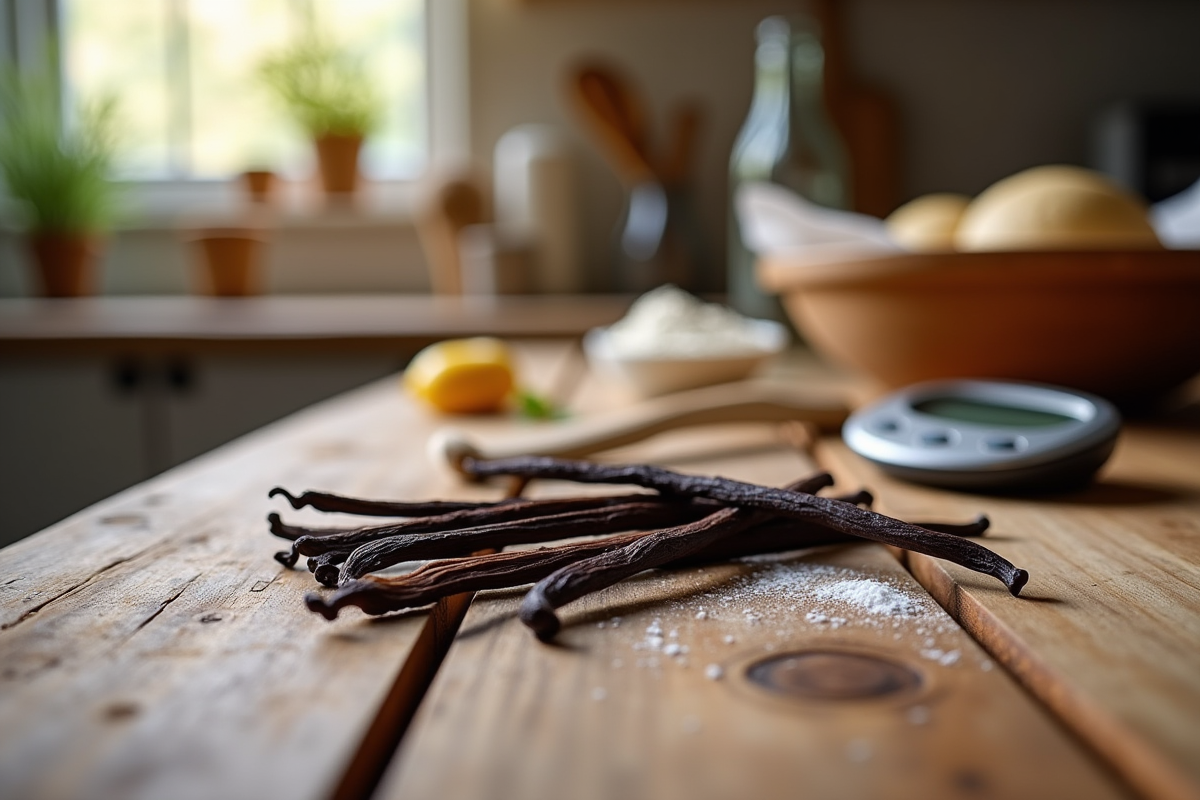 Gousses de vanille fraîches sur une table en bois rustique
