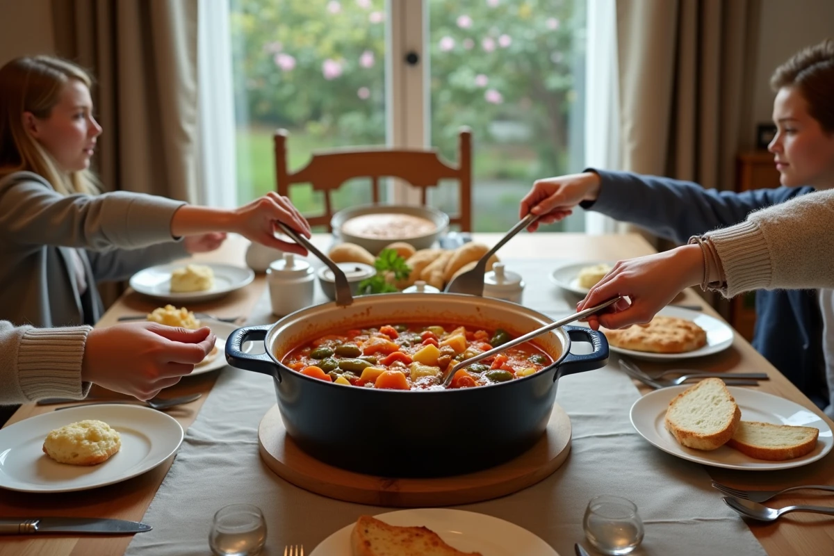 Groupe partageant une potée dans une salle lumineuse