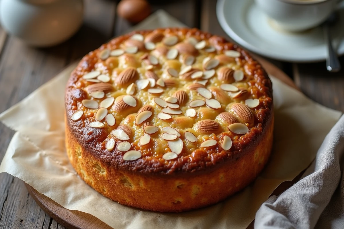 Gâteau aux amandes doré sur table en campagne française