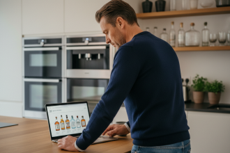Homme d'âge moyen naviguant sur un site de spiritueux sur son ordinateur portable