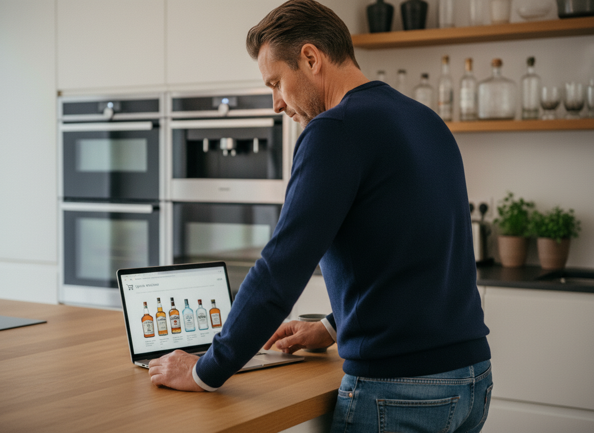Homme d'âge moyen naviguant sur un site de spiritueux sur son ordinateur portable
