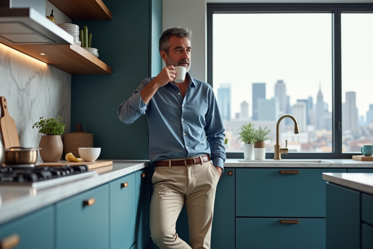 Homme en chemise bleue buvant un espresso dans une cuisine contemporaine