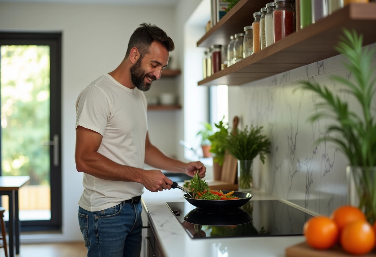 Homme cuisinant des légumes dans une cuisine lumineuse