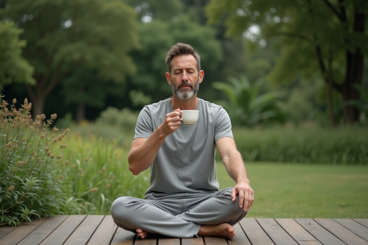 Homme buvant une tisane dans un jardin paisible