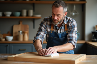 Homme appliquant une huile naturelle sur un plan de travail en bois