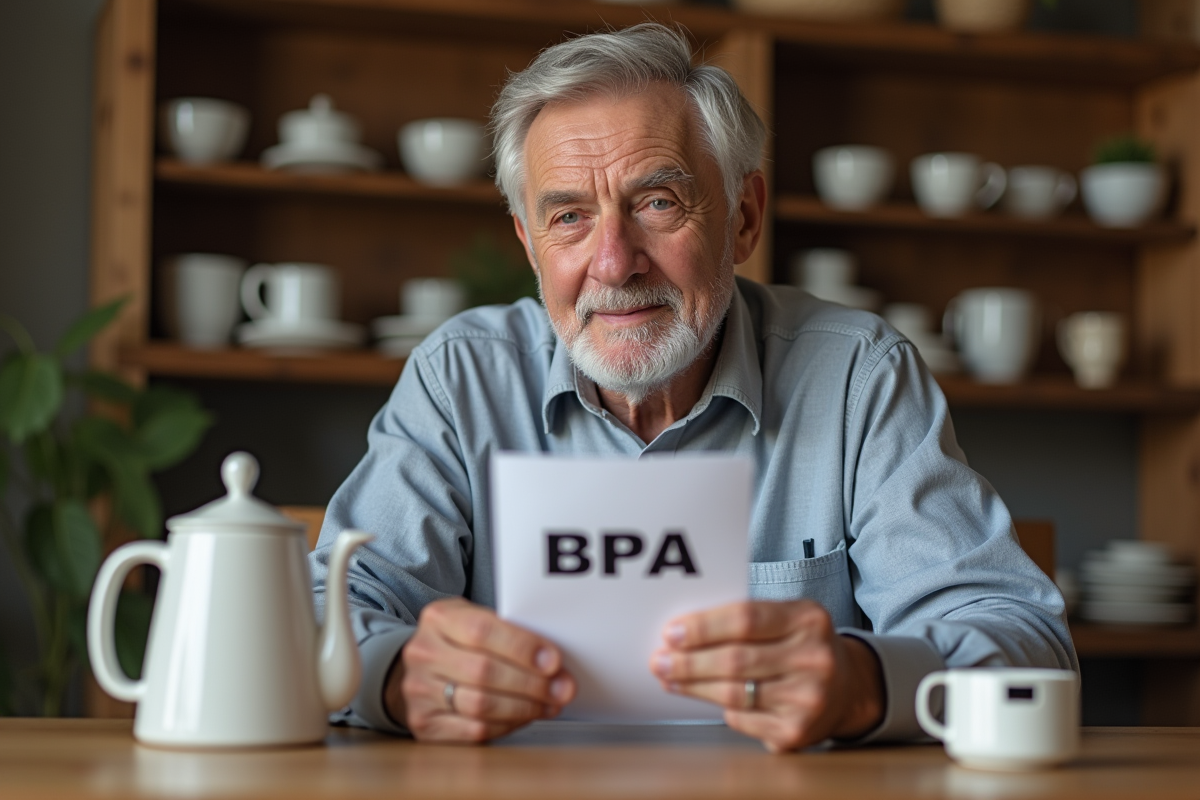 Homme âgé lisant un leaflet BPA avec théière à côté