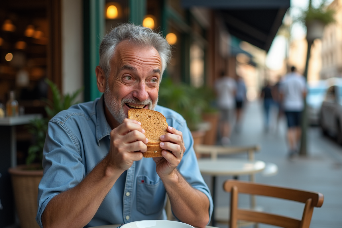 Homme dégustant un sandwich keto en terrasse de café