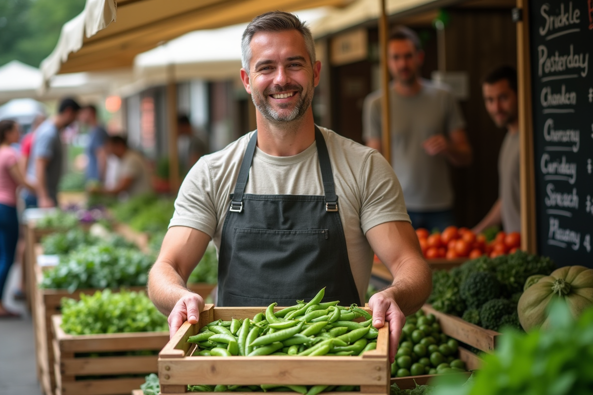 Homme tenant un panier de légumes frais au marché en plein air