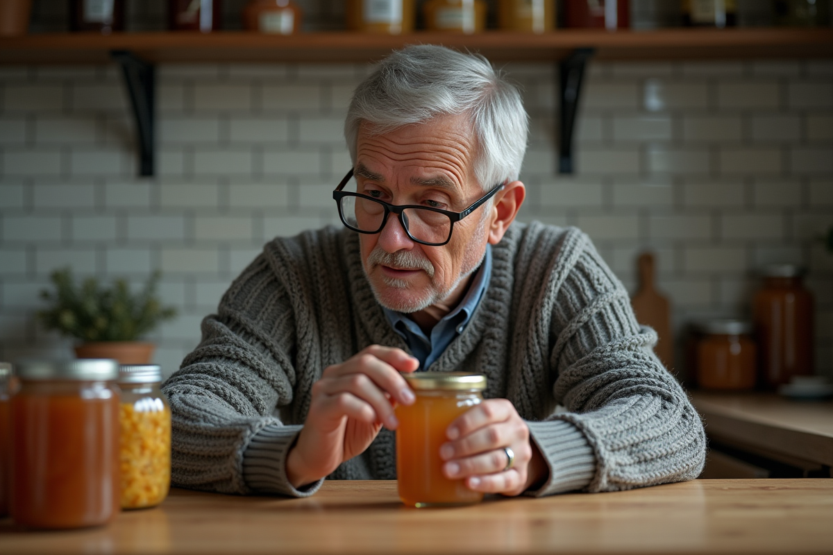Homme âgé examinant un pot de miel dans la cuisine chaleureuse