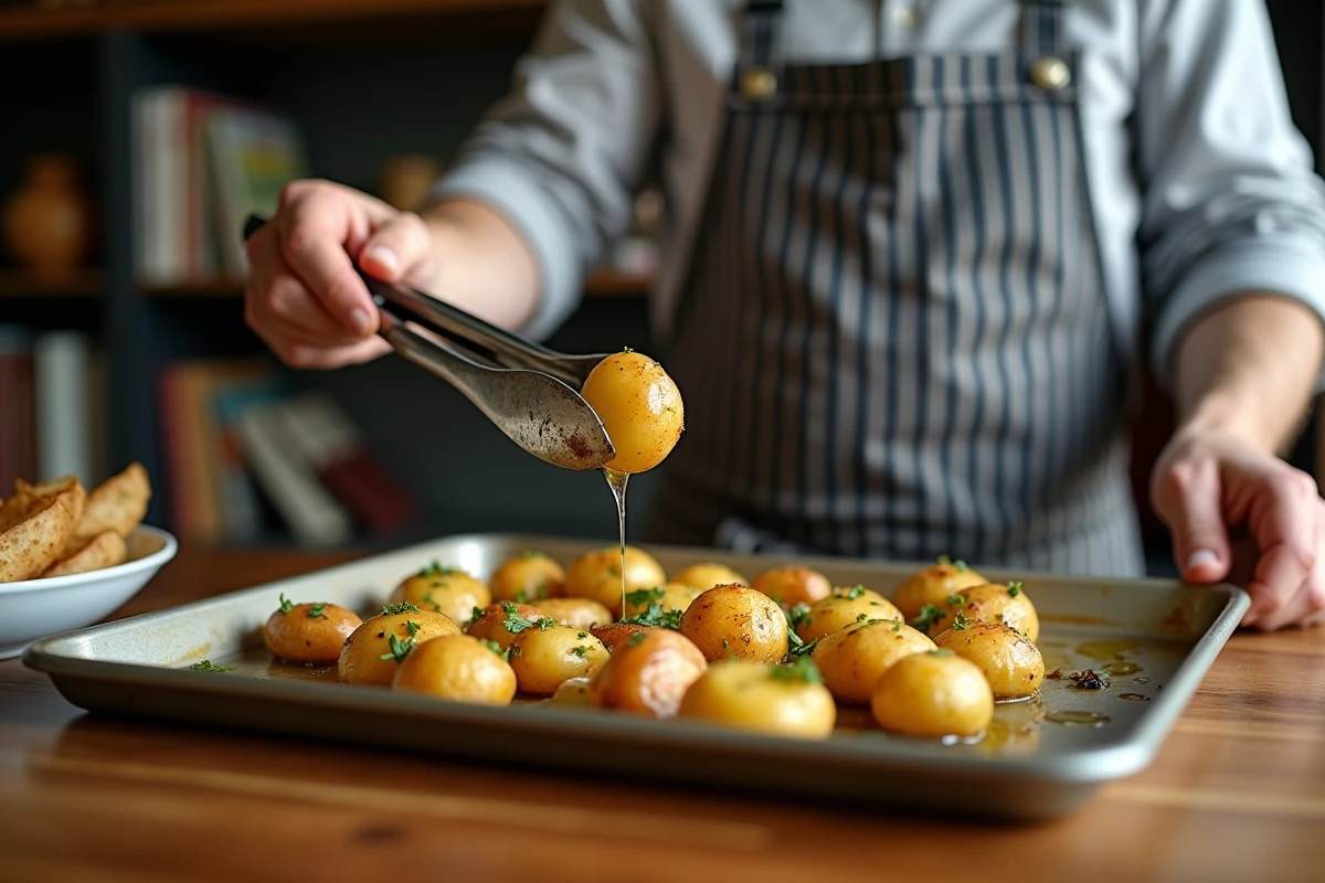Homme remuant pommes de terre rôties avec tongs