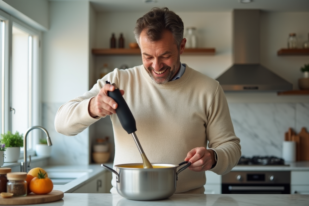 Homme en pull mixant soupe dans une cuisine moderne