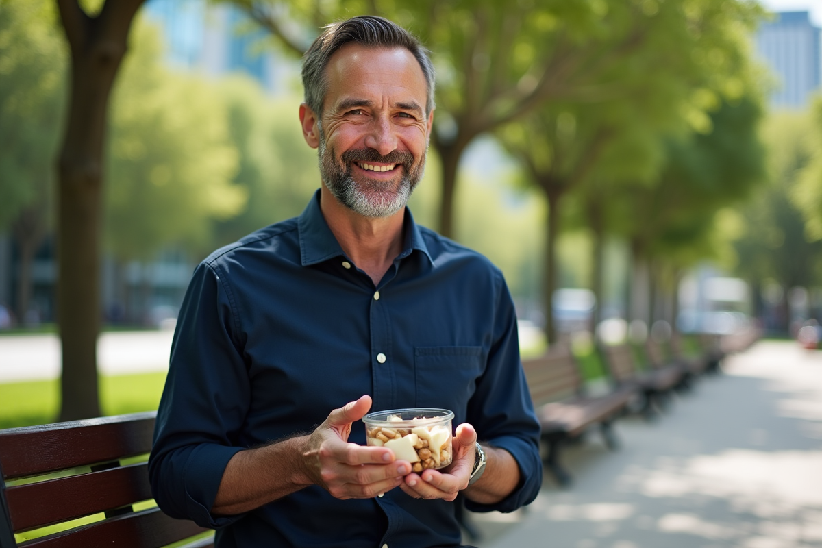 Homme souriant dégustant des noix en parc urbain
