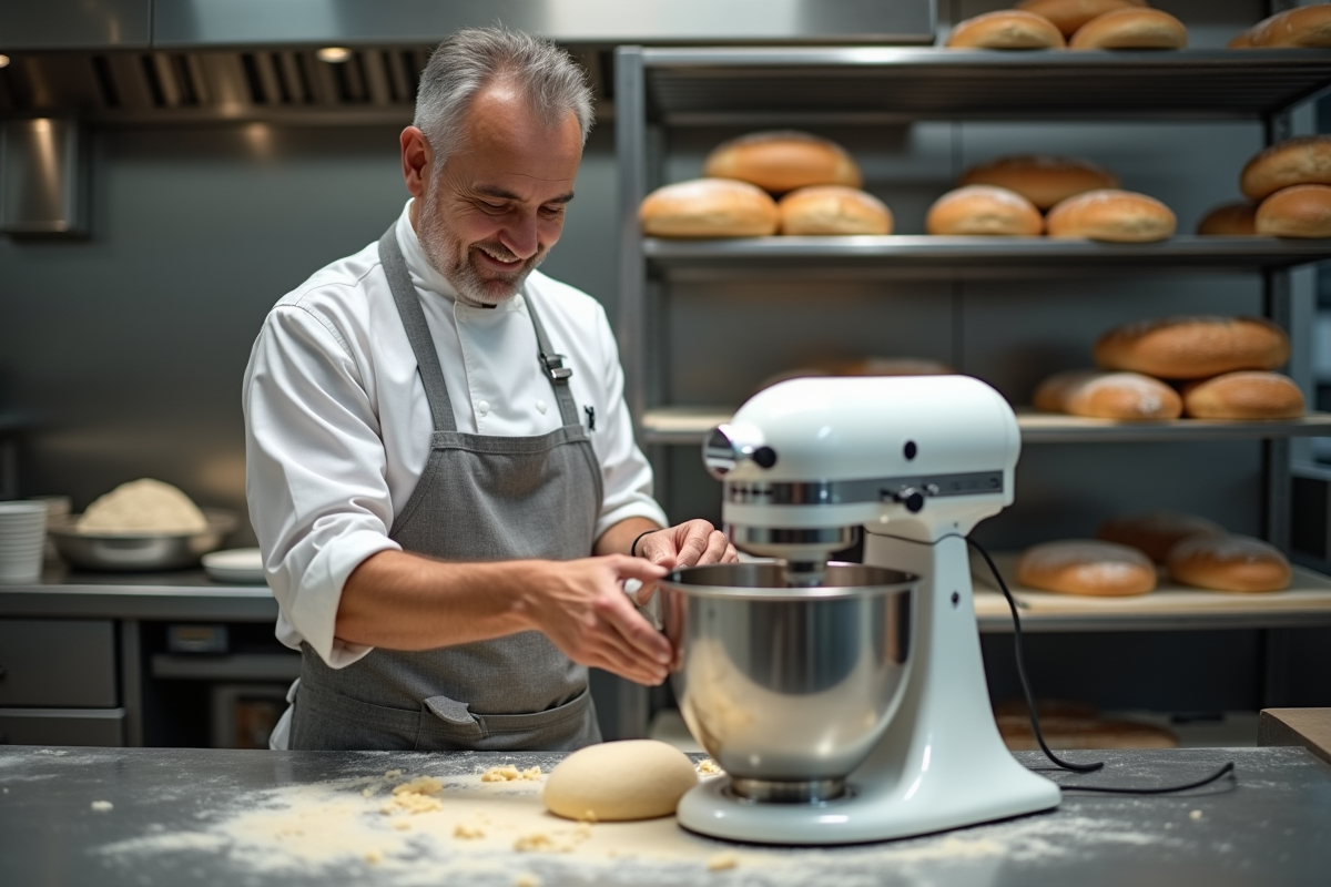 Homme en boulangerie pétrissant la pâte à pain avec un robot