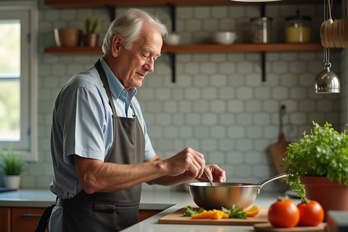 Homme âgé prépare des légumes avec une poêle en inox