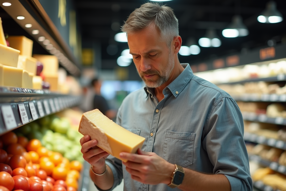 Homme examinant un emballage de fromage dans un supermarché