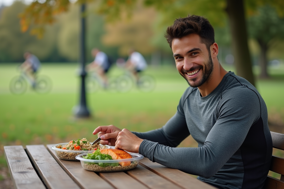 Homme sportif avec repas sain dans un parc