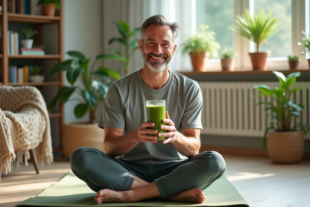 Homme souriant tenant un smoothie vert dans un salon lumineux